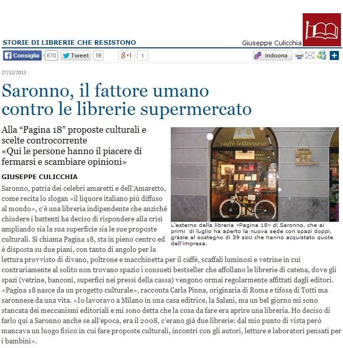 “La Stampa” racconta “Pagina 18” la libreria indipendente di Saronno