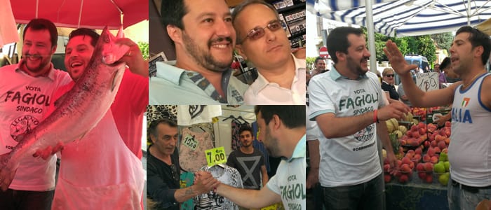 Assaggi, qualche contestazione e tanti tanti selfie: Salvini e Fagioli al mercato
