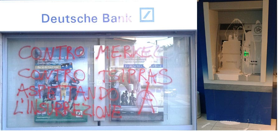 Raid anarchico: graffiti e secchiate di vernice contro il bancomat