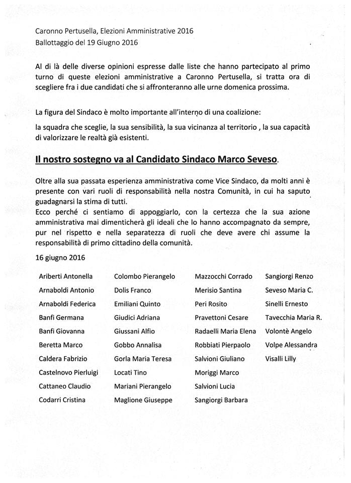 Elezioni a Caronno: lettera aperta per Seveso