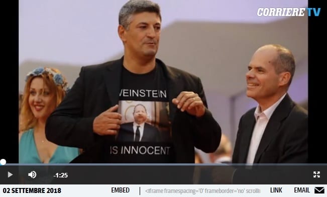 Venezia: Silighini sul red carpet con t-shirt “Weinstein è innocente”