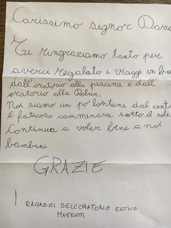 “Carissimo signor Dario, grazie”: letterina con disegno dai bimbi all’assessore Lonardoni