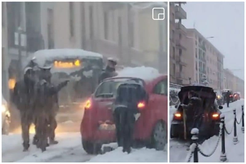 Saronno, sottopasso bloccato per la neve: i vigili aiutano spingendo le auto
