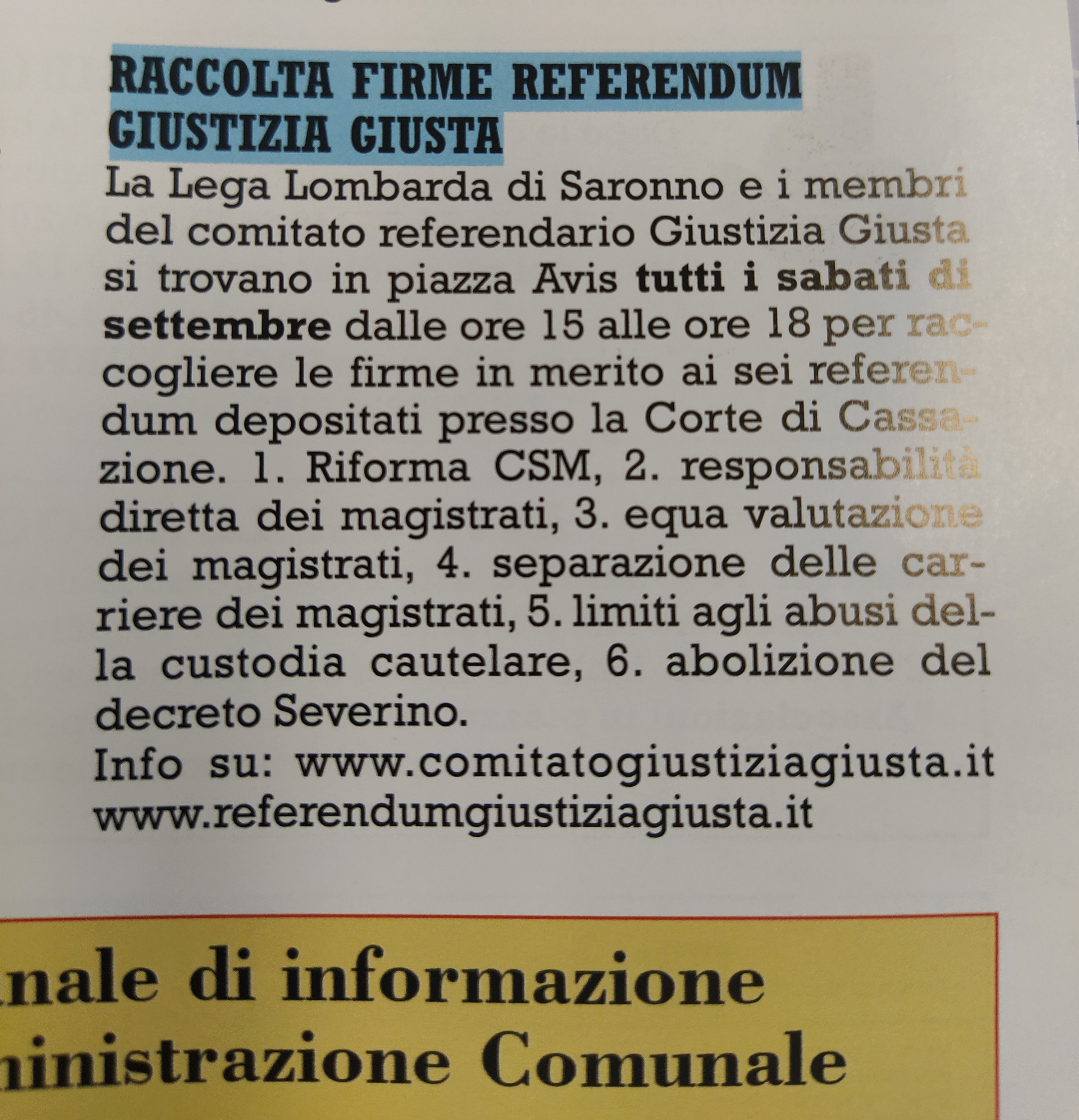 Comune risponde a Veronesi: “La nota sul referendum della Giustizia è stata regolarmente pubblicata sul Saronno Sette”