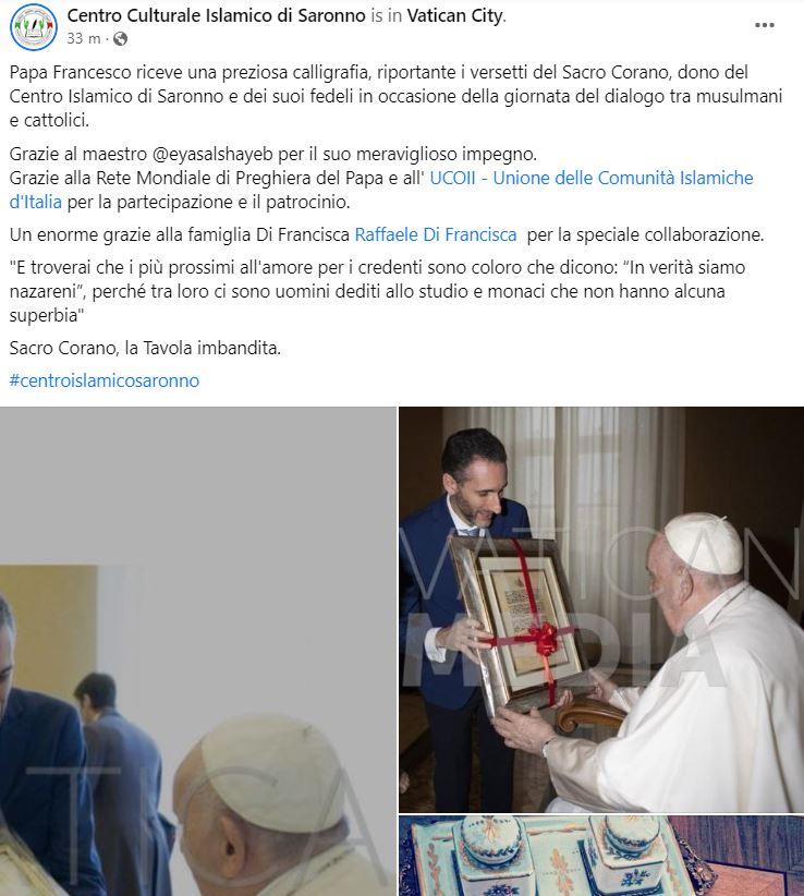 Centro islamico di Saronno in Vaticano: omaggio a papa Francesco