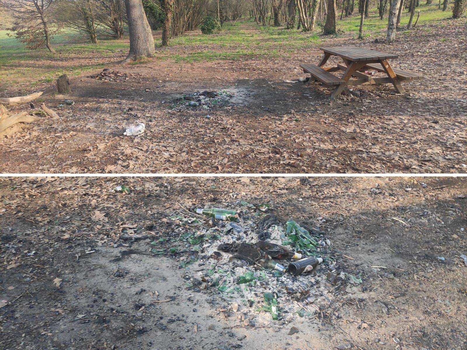 Area pic nic del Parco Lura a Saronno: resti di fuochi e bottiglie rotte.