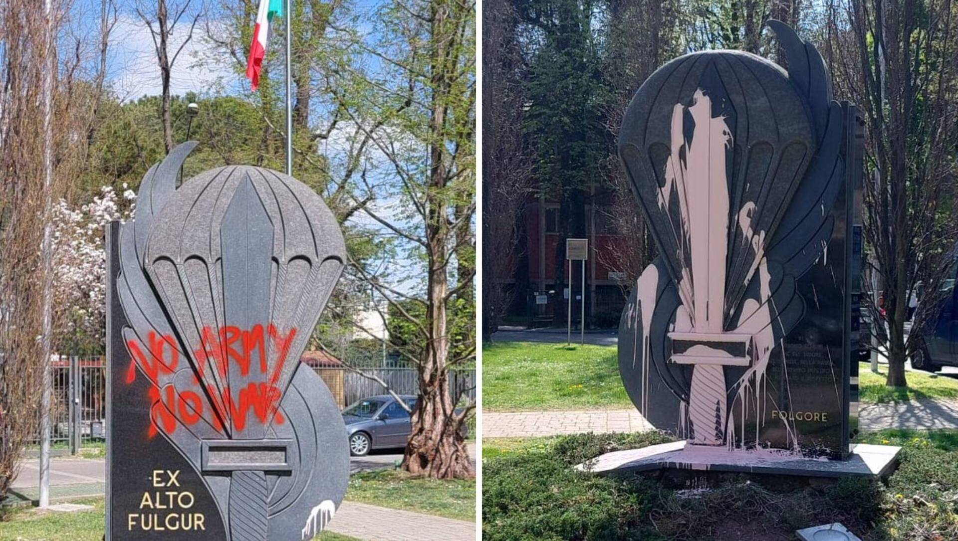 Saronno, vandalizzato il monumento dei parà: vernice e scritta “no alla guerra”