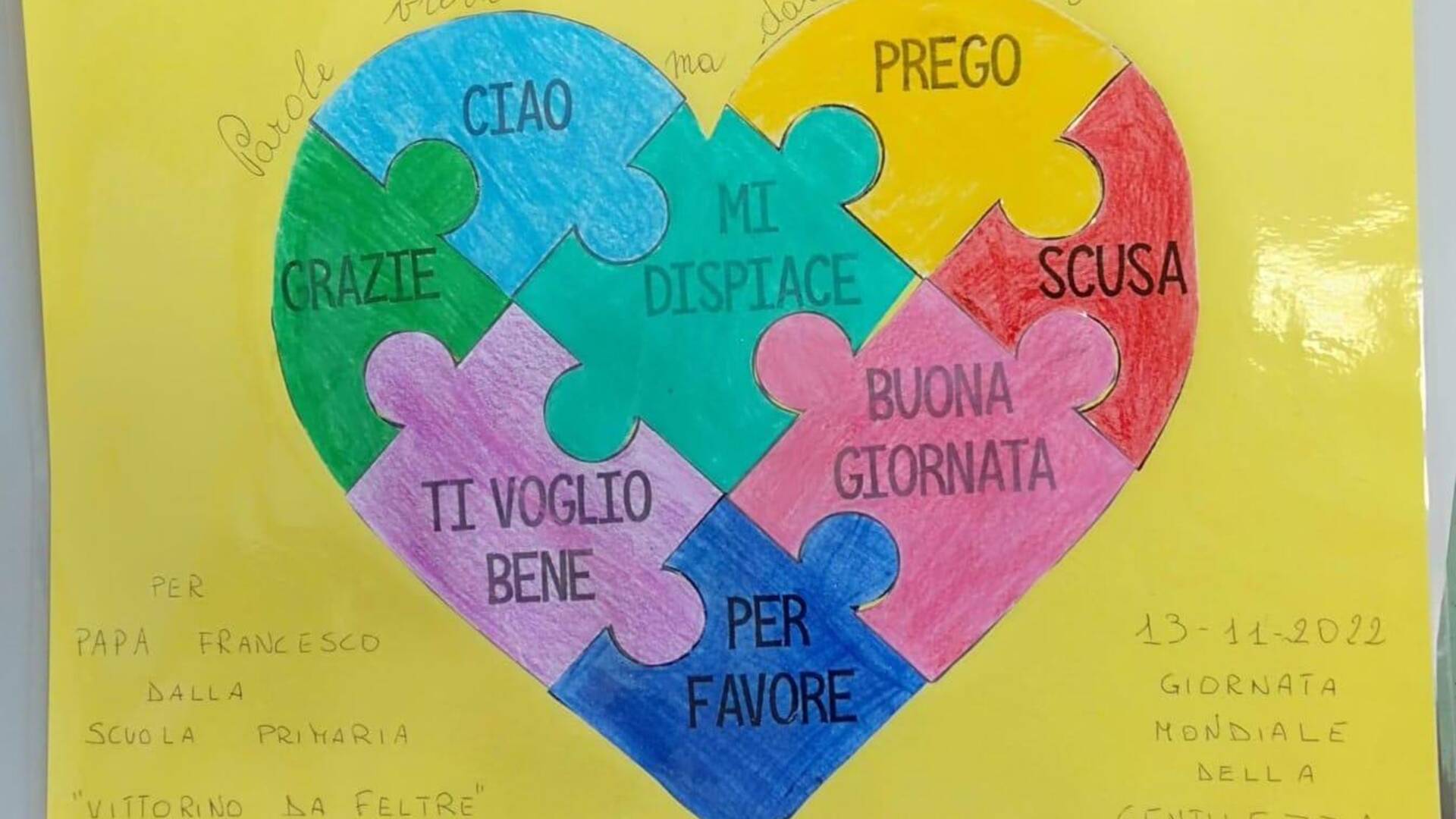 Saronno, un puzzle con parole gentili il dono degli alunni della Vittorino per papa Francesco