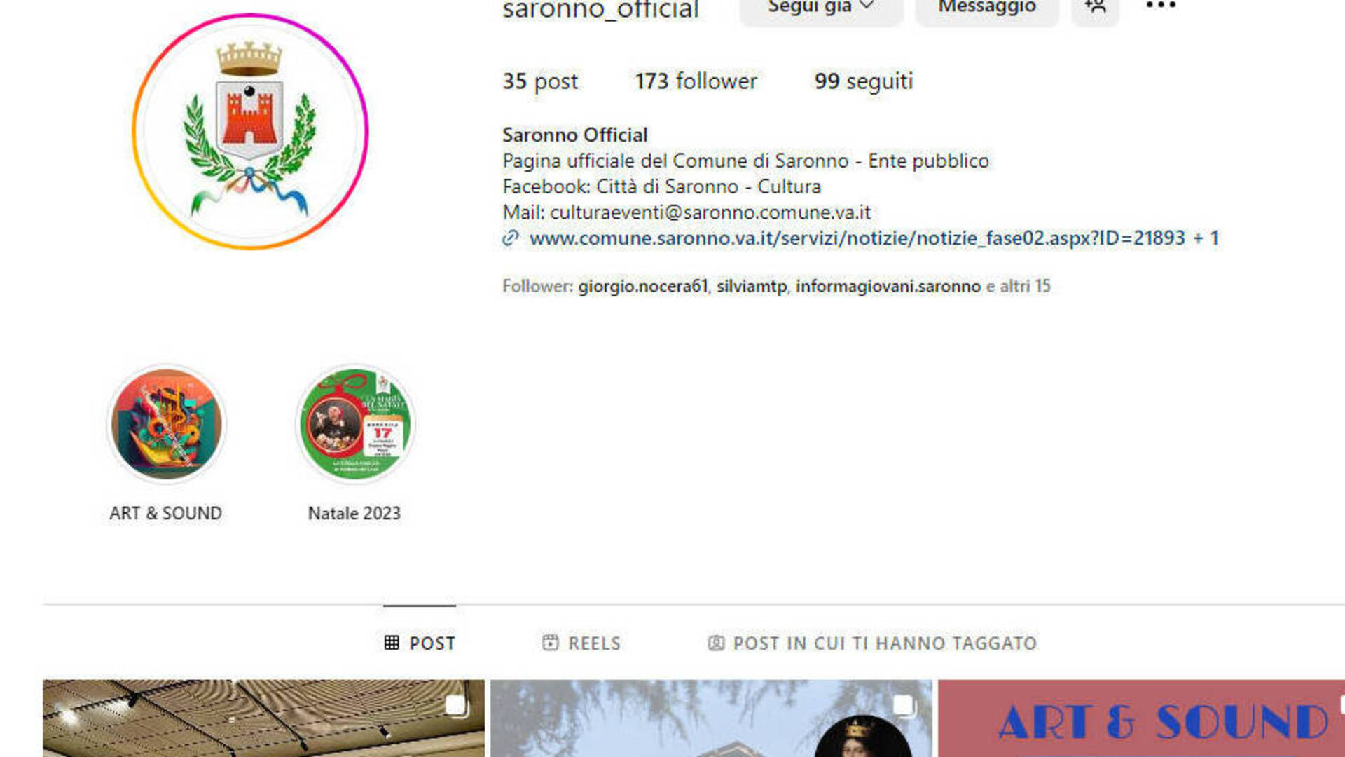Saronno, il Comune sbarca su Instagram, profilo dedicato ad eventi ed iniziative